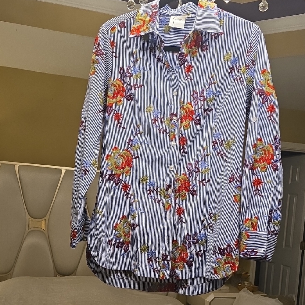 Finley Blue White Striped Button-Down Shirt with Multicolor Floral Embroidery